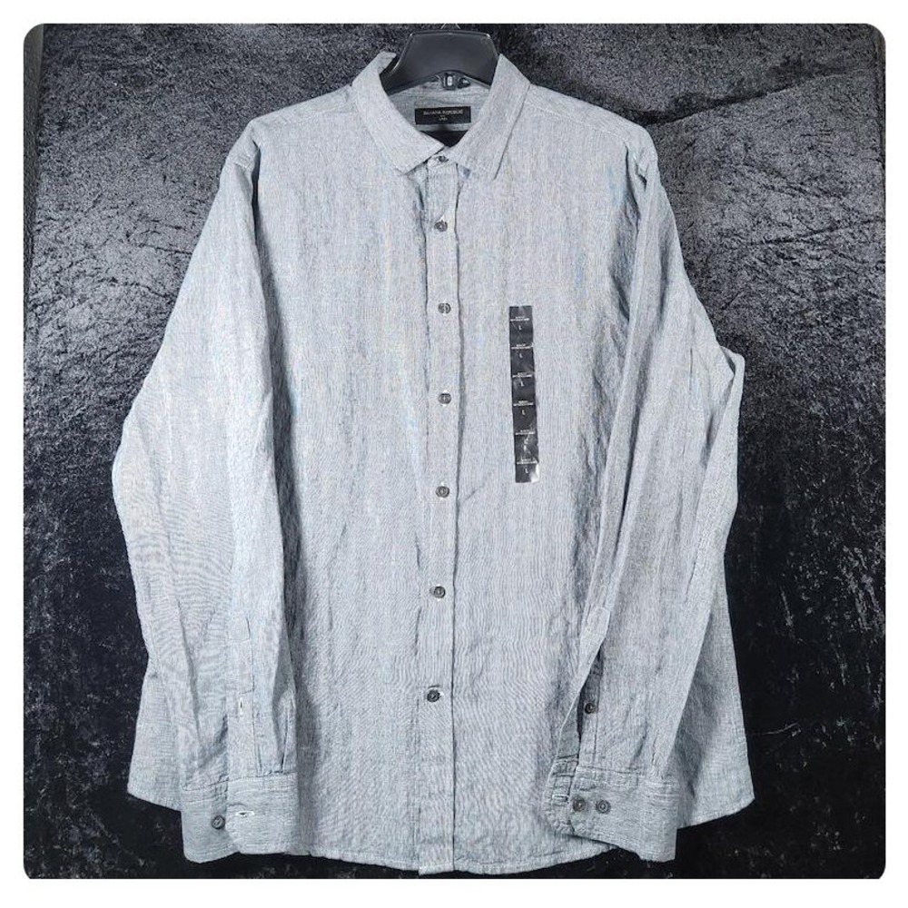 Banana Republic Mens Slim Untucked Linen Cotton Striped Shirt Black White Large